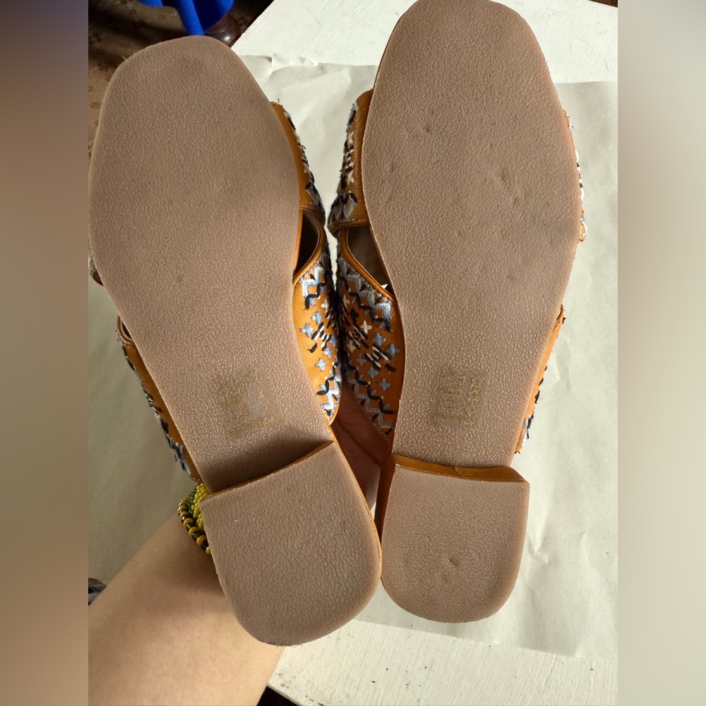 Anthropologie Embroidered Tan and Blue Women's Sandals - Picture 4 of 5